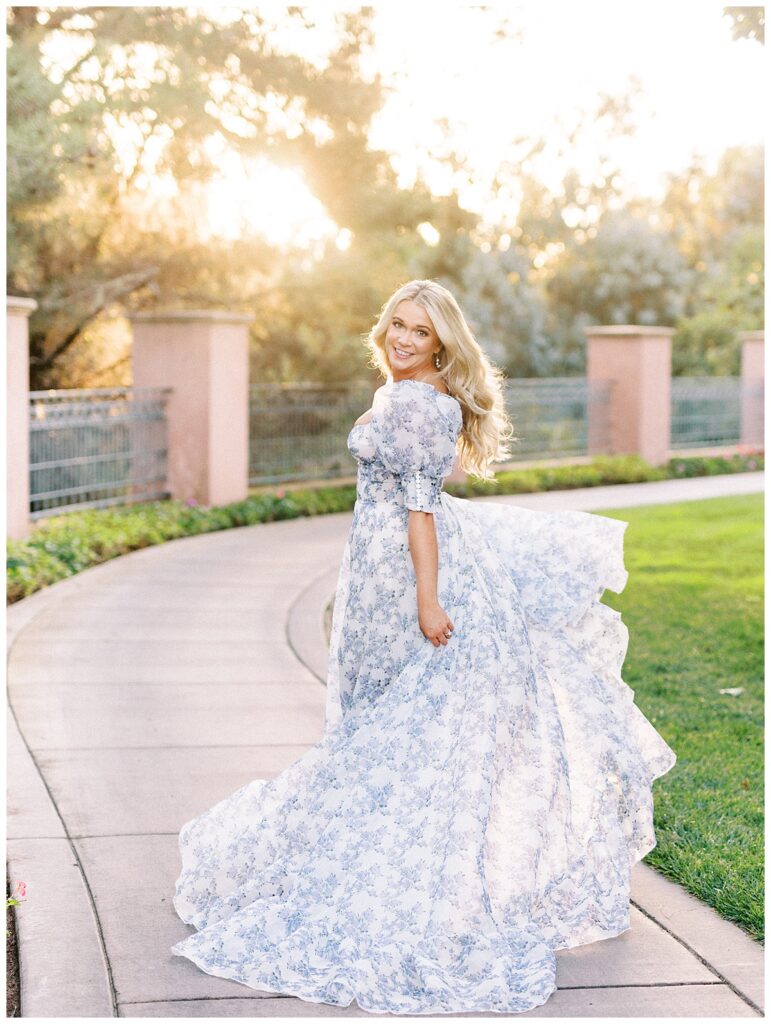 Bride twirling in gown in Rancho Sante Fe by Lisa Riley Photography.